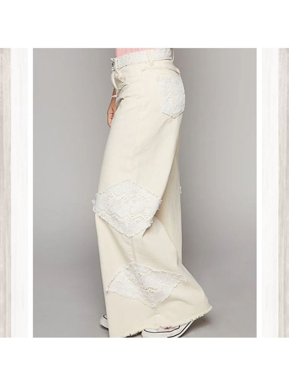 Women's POL Cream Wide-Leg Jeans with Lace/Crochet Accents - Picture 4 of 12